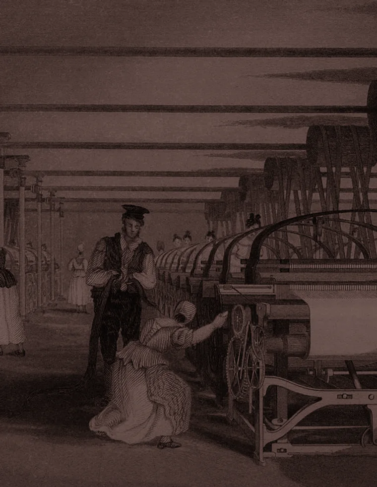 An 1835 engraving of a power-loom weaving floor: rows of identical machines worked by people who do not own them.