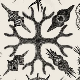 The branching radiolarian at the centre of the plate, with four smaller ones around it, magnified 2.2 times